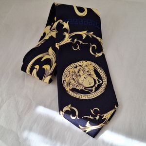 VERSACE Vintage Silk Tie Navy with Iconic Gold Medusa - Blue Label